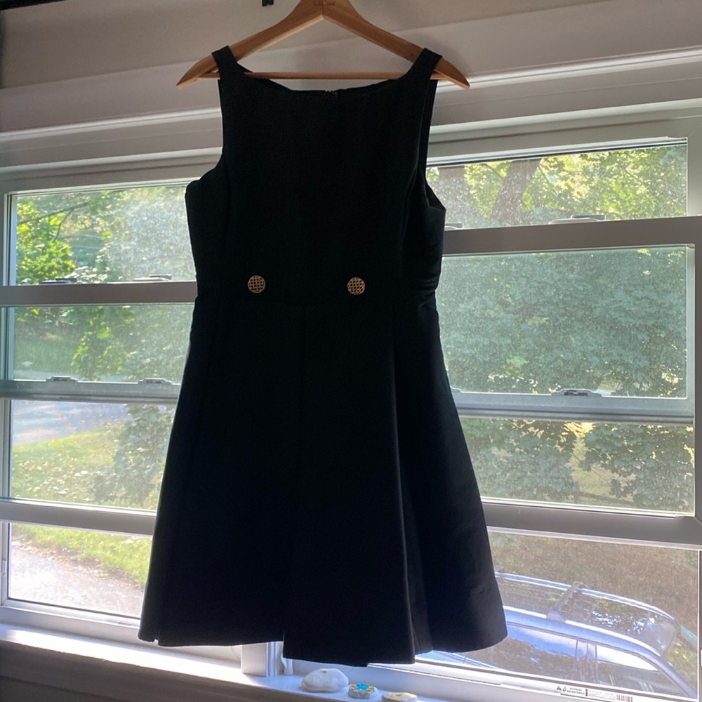 Elizabeth McKay black midi fancy dress with gold buttons. Size 4